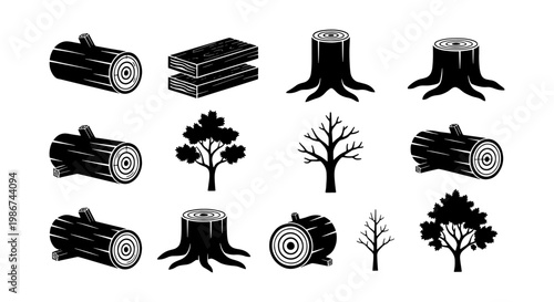 Black wood log icons and timber silhouettes, set of 12 forestry vector elements, wooden tree stumps and lumber planks for carpentry and logging industry
