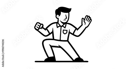 Minimalist line art man in martial arts stance, black and white karate fighter vector illustration, defensive combat pose character icon