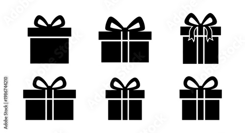 Minimalist gift box icons set, black silhouette present symbols with ribbons and bows, 6 vector elements for holiday shopping and celebration