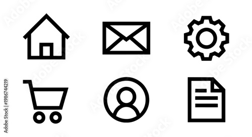 Minimalist black line web icons set, 6 essential vector UI elements, modern outline interface symbols for website navigation and mobile apps