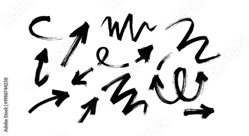 Hand drawn black ink arrows set, grunge brush stroke pointer collection, textured charcoal scribble vector elements for design and annotation