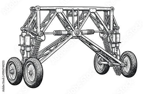 Precision engineered heavy duty chassis featuring a robust suspension system and multiple wheels, ideal for technical diagrams or advanced machinery concepts