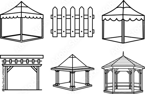 Line drawing of various gazebos and fences for outdoor structures and landscaping ideas
