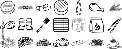 Black and white line drawing of various food and cooking related objects