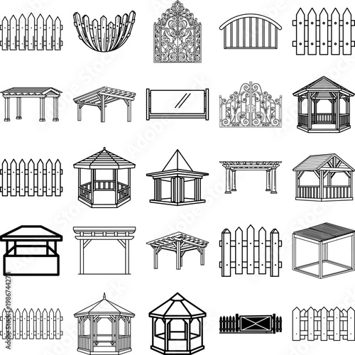 Collection of various outdoor structure and fence designs for landscaping and architecture  various gates and pavilions