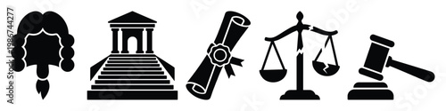 Comprehensive collection of legal system and justice themed silhouette icons including judge wig courthouse diploma scales of justice and gavel perfect for legal business education and