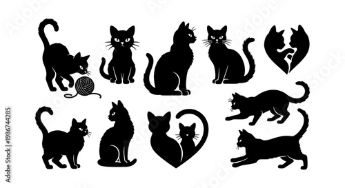 Black cat silhouette collection, set of 10 feline vector icons, minimalist pet animal shapes for Halloween and logo design