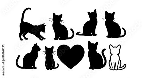 Black cat silhouette collection with heart shape, set of 8 feline vector icons, domestic kitten outlines for pet lovers and animal branding