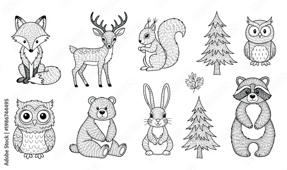 Obraz premium Forest wildlife animals and pine trees line art collection perfect for educational materials childrens books and nature themed graphic designs