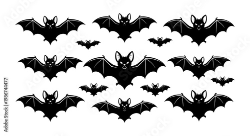 Halloween bat silhouettes collection, 14 black flying bats vector set, spooky gothic animal icons for holiday party decor and graphic design