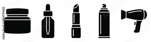 Modern black silhouette icons of essential cosmetic and personal care products cream jar, dropper, lipstick, spray, hairdryer suitable for web, app, ecommerce, and beauty branding materials.