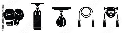 Essential boxing and fitness equipment displayed as black glyph icons, perfect for athletic workout program guides and sports training website graphics