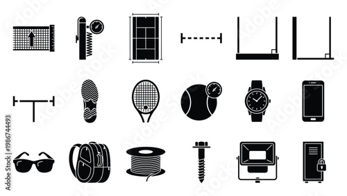 Versatile collection of essential glyph icons depicting diverse objects, measurement tools, sports equipment, and everyday items ideal for application interface and informational graphic