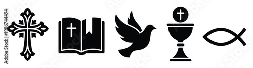 Christian religious symbols collection including cross, bible, dove, chalice and fish for spiritual designs, church event graphics or educational resources