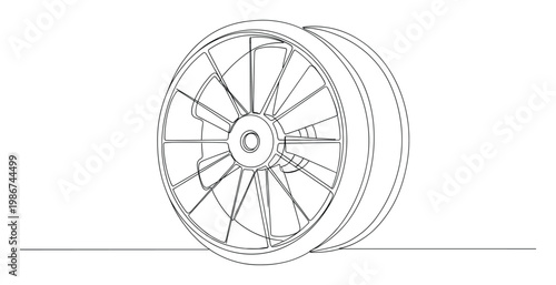 Single line drawing of a modern car wheel highlighting its detailed rim and spokes, suitable for automotive technical blueprints, vehicle parts catalogs, or transportation graphic projects.