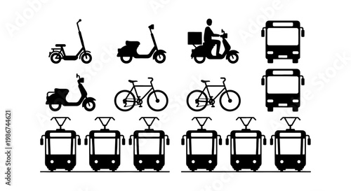 Urban transport icons set, black silhouette city vehicle collection, public transportation and micro-mobility symbols, 15 vector elements for logistics