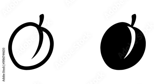 Minimalist plum fruit icons, black outline and solid silhouette plum vector set, simple organic food symbols for packaging and menus