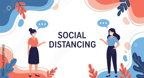 Two women wearing protective face masks maintain social distancing while talking in a decorative abstract environment.