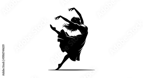 Graceful ballerina silhouette vector, elegant female dancer performing ballet pose, black and white artistic dance illustration for theater posters
