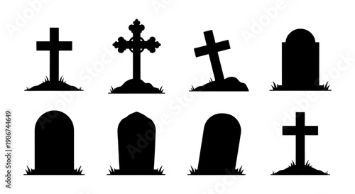 Cemetery headstone silhouettes set, 8 graveyard tombstone icons with crosses, spooky halloween burial ground vector elements for design