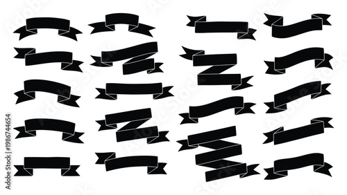 Diverse collection of sleek black ribbon banners featuring various elegant folds and dynamic curves, perfect for enhancing labels, titles, certificates, and announcements in graphic