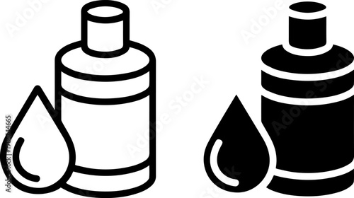 Contrast of water and oil in bottle and droplet forms depicted in black and white