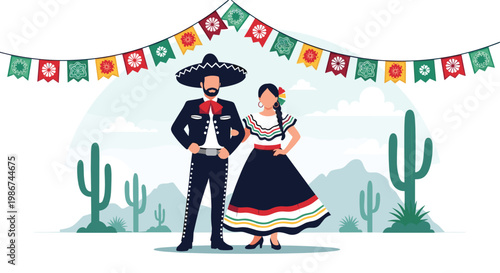 Mexican couple wearing traditional mariachi and folkloric dress stands in a desert landscape decorated with colorful festive banners.