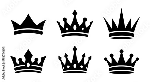 Royal crown silhouettes set, black king and queen headwear icons, collection of 6 elegant coronet vector elements for luxury branding and logo design
