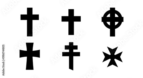 Religious Christian cross icons set, 6 black vector crucifix silhouettes, Celtic and Maltese cross symbols for church branding and funeral design