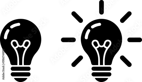 Comparison of unlit and illuminated light bulb icons with rays