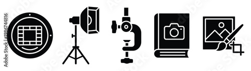 Professional photography videography studio equipment and image adjustment process icons representing visual content creation for various media applications and educational materials.