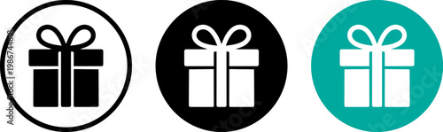 Three distinct gift box icons with varying color schemes on circular backgrounds