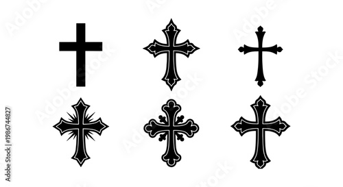 Gothic Christian cross icons set, 6 black religious crucifix vector elements, ornate medieval church symbols for tattoo and graphic design