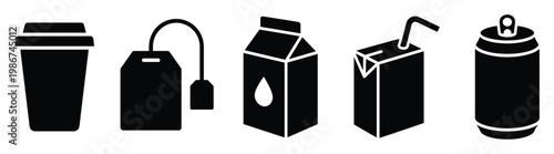 Collection of common drink containers featuring a coffee cup, teabag, milk carton, juice box, and soda can, ideal for menus, beverage packaging, and graphic design projects.