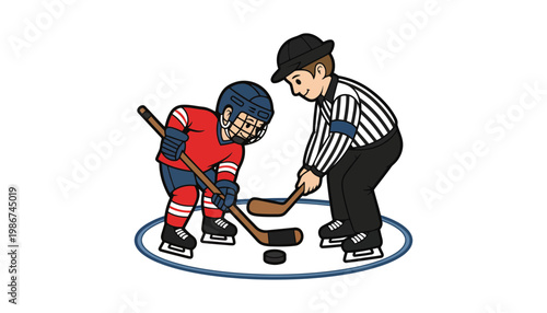 Hockey player and referee dropping the puck for face-off on ice