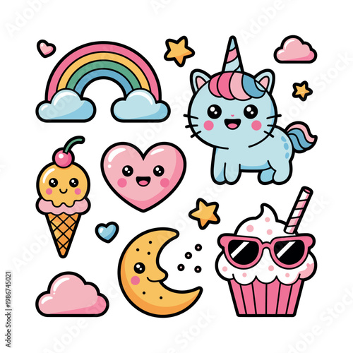 Kawaii sweet dreams elements vector set cute dreamy icons sleep clouds stars moon pastel style illustration for stickers and design projects