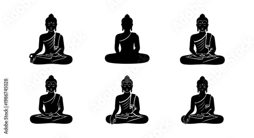 Zen Buddha silhouette icons set, 6 black meditation vector elements, spiritual yoga and mindfulness symbols, religious Buddhist statues in lotus pose