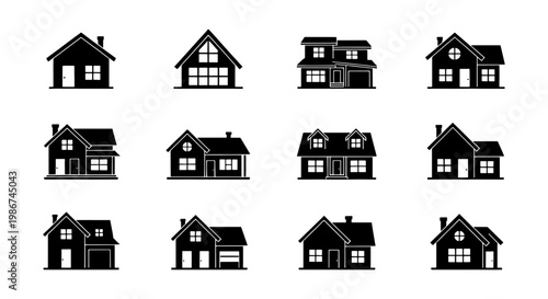 Minimalist house icon set, 12 black silhouette home vector elements, modern residential building symbols for real estate and architectural design