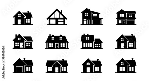 Minimalist house icon set, 12 black residential building silhouettes, suburban home architecture vector collection for real estate and property maps