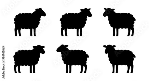 Black sheep silhouette collection, set of 6 farm animal vector icons, woolly lamb profiles for rural branding and agricultural design