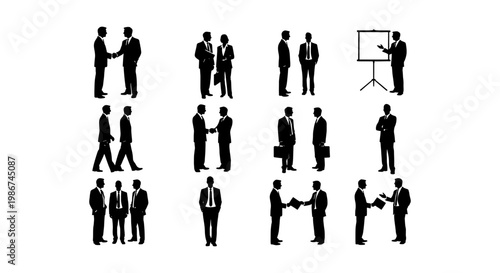 Business people silhouettes set, professional corporate workers in suits, 12 vector icons of businessmen shaking hands and presenting