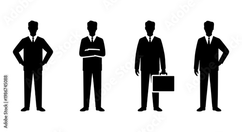 Professional businessman silhouettes in suits, set of 4 male office worker icons, corporate executive figures with briefcase, black vector character set