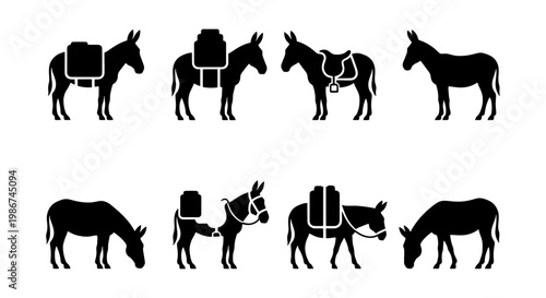 Donkey silhouette icon set, pack animal carrying luggage and cargo, 8 vector elements of mules and burros for farming and travel logistics