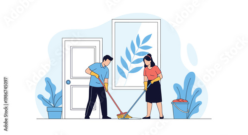 Man and woman work together to clean their home by sweeping the floor with brooms in a bright and tidy living room.