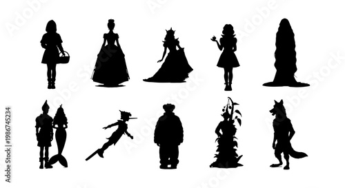 Fairytale character silhouettes set, 10 fantasy storybook vector icons, black princess and mythical creature shapes for children book design