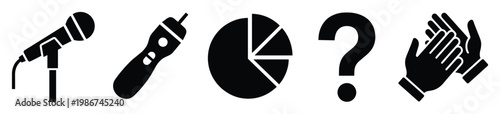 A collection of essential communication, data analysis, and feedback icons including a microphone, pie chart, question mark, and clapping hands, useful for presentations and business