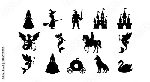 Fairytale silhouette collection with 15 fantasy icons, medieval storybook character set, black mythical creature vector elements for storytelling