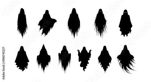 Spooky ghost silhouette collection, 11 dark phantom vector icons, creepy halloween spirit characters, tattered flying wraith shapes for horror designs