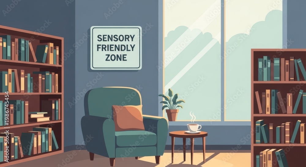 Fototapeta premium a sensory friendly zone with a chair and bookshelves and a window calming atmosphere cozy reading no