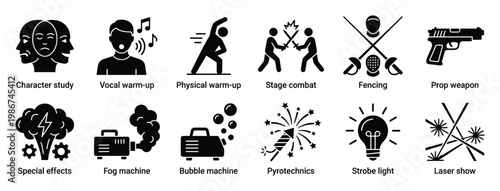 Essential performance arts and theatrical production black glyph icons, perfect for representing acting techniques, stagecraft effects, and event planning visuals for professionals and